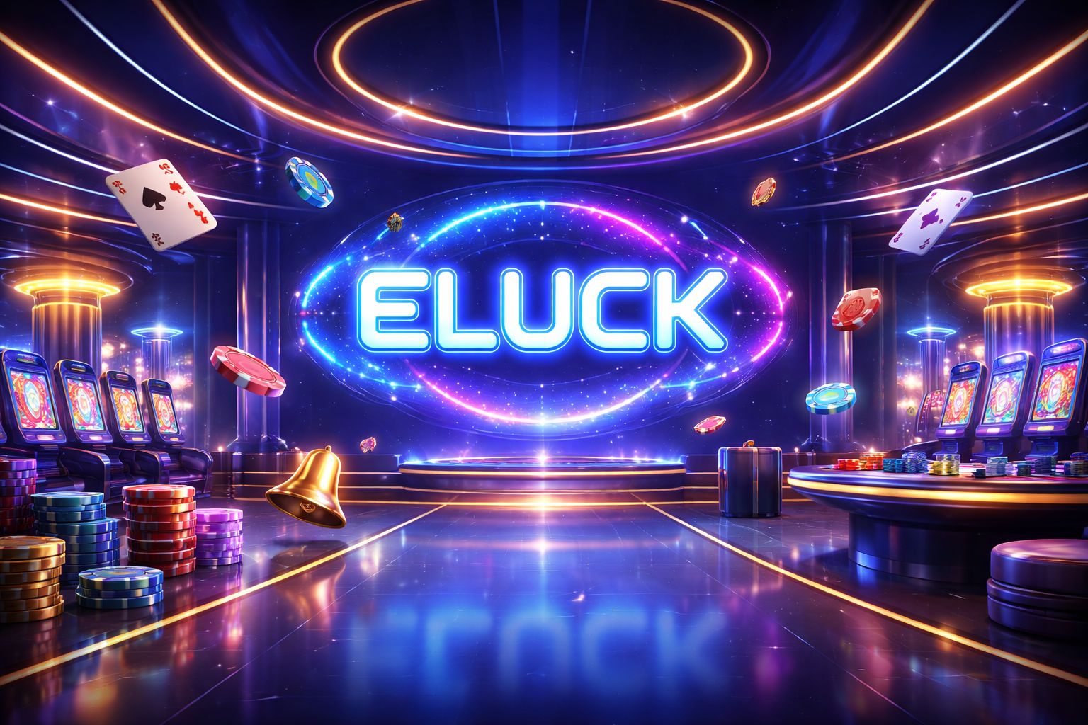 Lobby vibrante de juegos Eluck con pantallas de neón, cartas, fichas y símbolos digitales de tragamonedas.