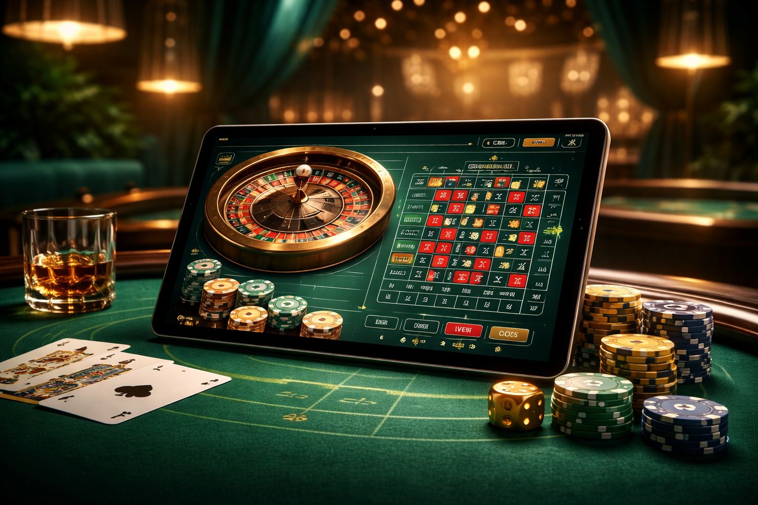 Estudio moderno de casino en vivo en pantalla de tableta con cartas, rueda de ruleta e iluminación elegante.