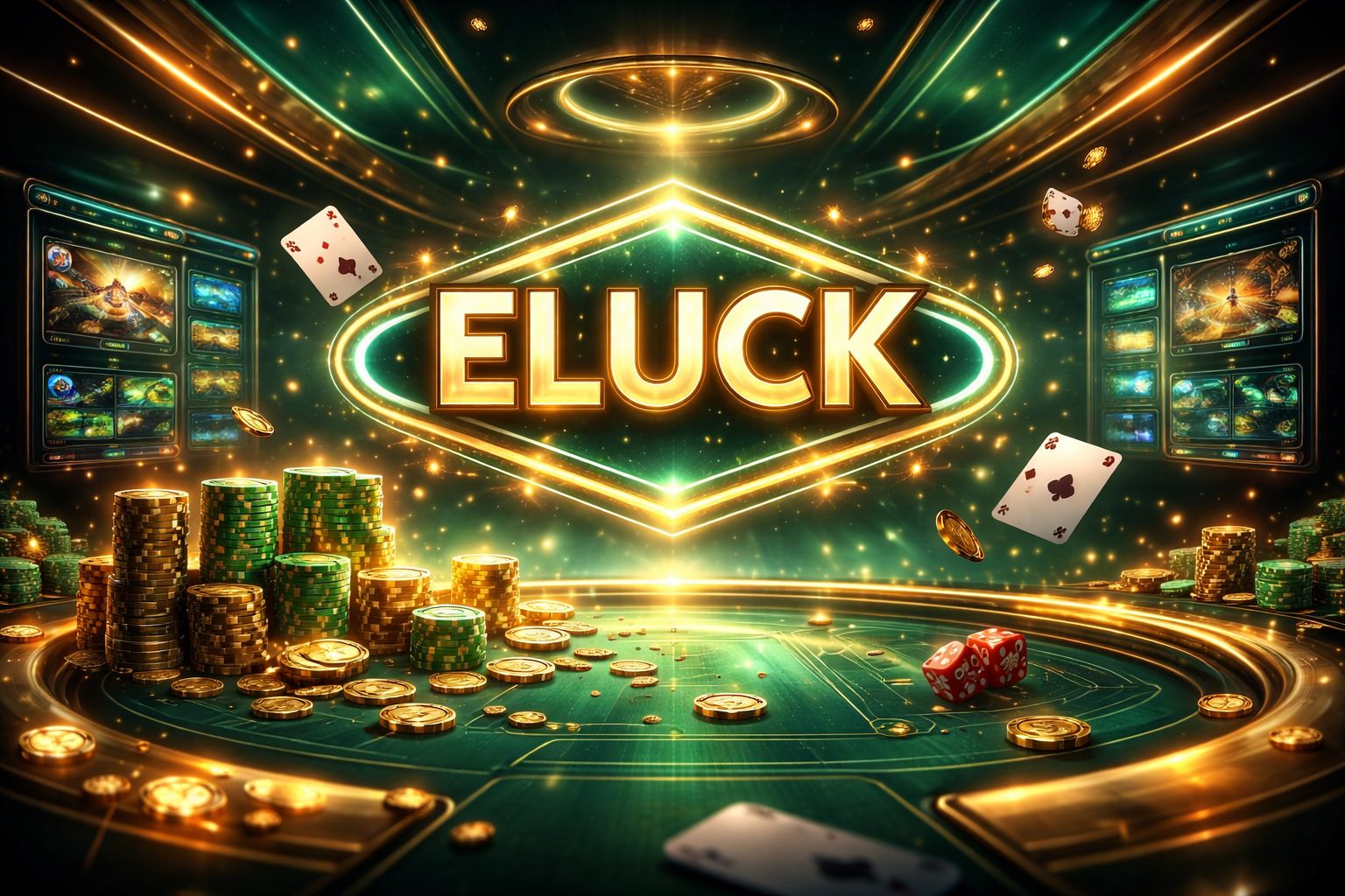 Escena dinámica de juegos Eluck con acentos dorados brillantes, elementos de casino y una atmósfera audaz de entretenimiento para México.