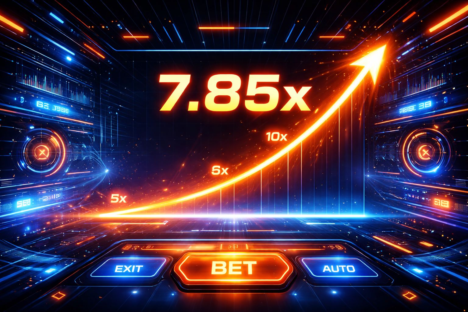 Escena de juego multiplicador de ritmo rápido en Eluck con acción ascendente y visuales digitales intensos.