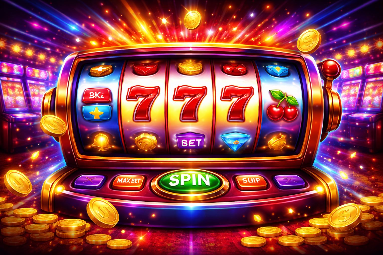 Interfaz colorida de tragamonedas Eluck con símbolos brillantes, luces energéticas y un ambiente de casino de alto impacto.